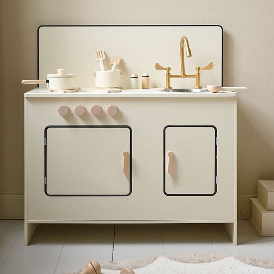 Speelkeuken Hout Beige - Kinderkeuken incl. 7 Speelgoed Keukenaccessoires - Minimalistisch Design - Duurzaam Hout met Naturel Details - Modern, Strak & Vol Verbeelding