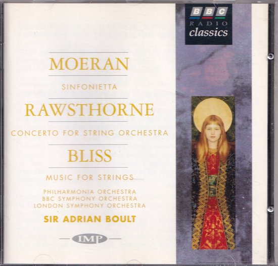 Cd-hoesje met de namen van componisten Moeran, Rawsthorne, Bliss en een icoonachtige afbeelding van een vrouw.