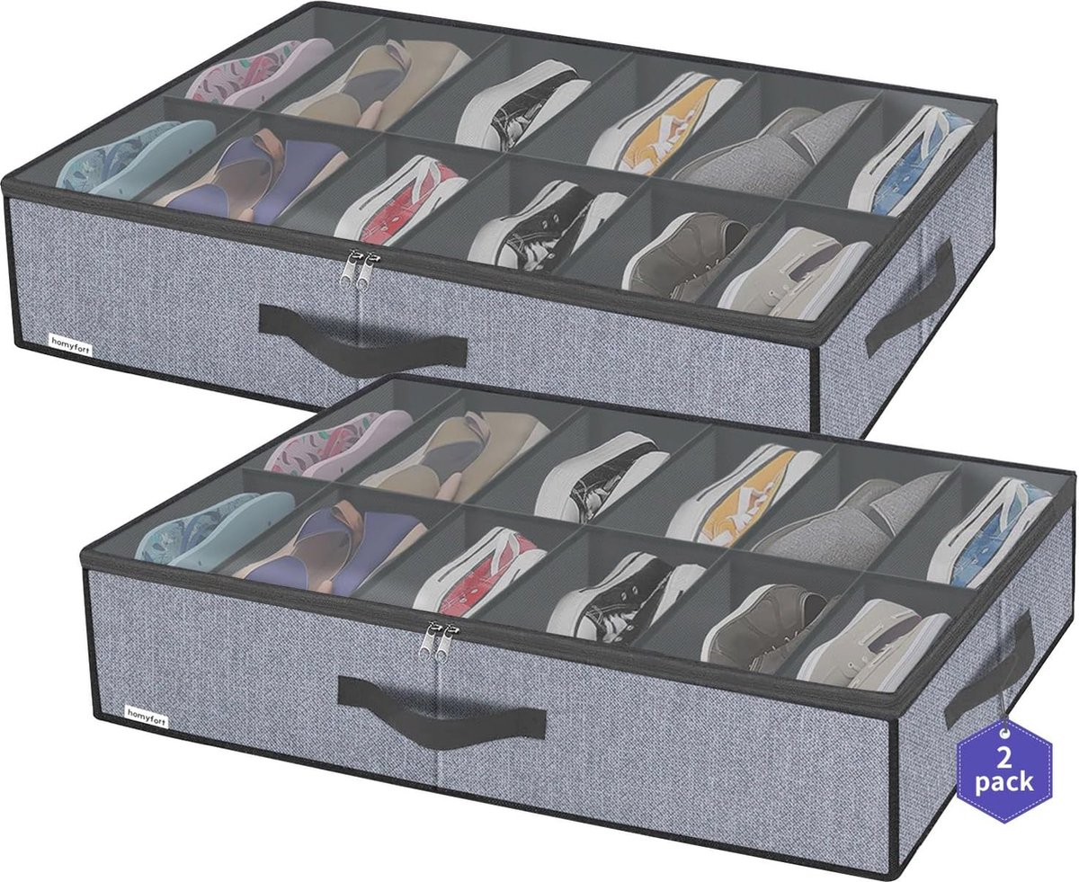 Goedkoopste Schoenenopbergtas met Doorzichtig Deksel - Onderbedcommode voor 24 Paar Schoenen - Sterke Opbergkist met 12 Vakken - Grijs Linnen - 2 Stuks