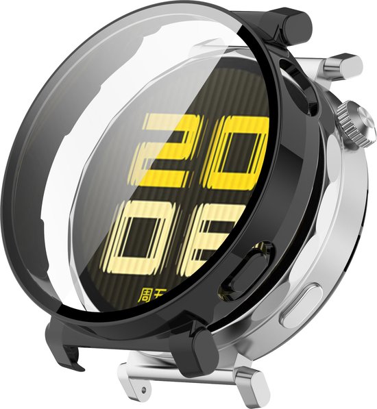 Zwarte en zilverkleurige smartwatch case met glazen schermprotector.