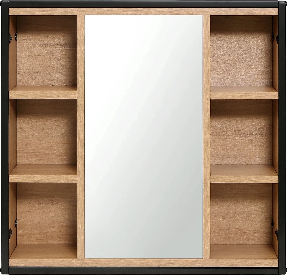SteeFly® Badkamerkast Met Spiegel - Verstelbare Planken - 60X58X16Cm - 6 Open Vakken - Badkamer Plank Douche opbergrek