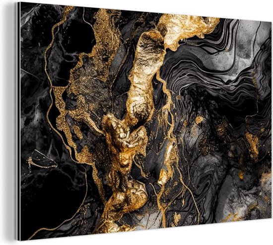Tableau aluminium 120x80 cm - Décoration murale métal - Marbre - Zwart - Or - Abstrait - Décoration murale métal salon - Décoration industrielle - Photo sur dibond - Accessoires industriels chambre