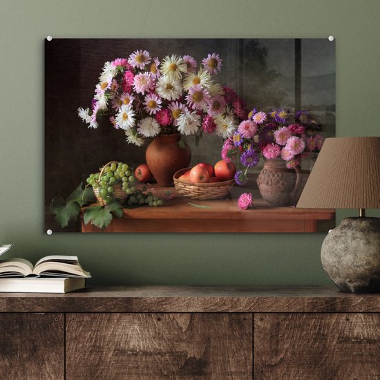 MuchoWow® Peinture sur verre 60x40 cm - Peinture sur verre acrylique - Fleurs - Fruits - Nature morte - Rose - Photo sur verre - Décoration murale salon - Décoration murale chambre - Peintures