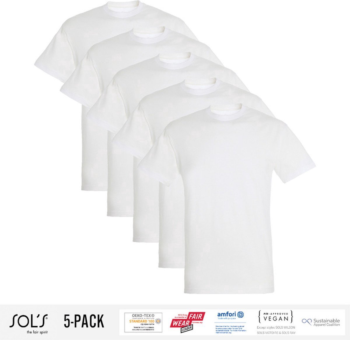 5 Pack Sol's Heren T-Shirt 100% biologisch katoen Ronde hals Wit Maat 5XL