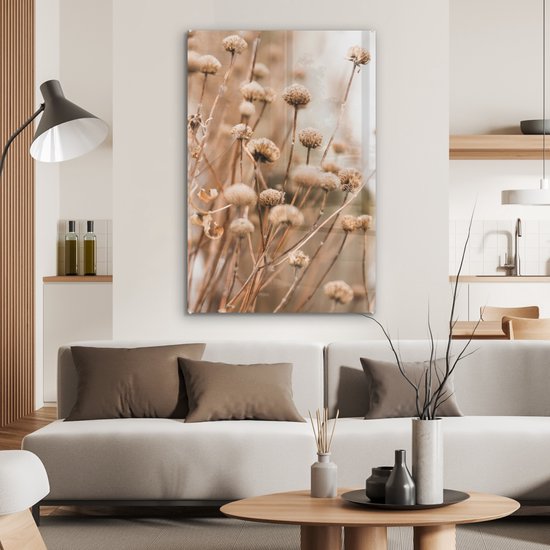 MuchoWow® Peinture sur verre 80x120 cm - Peinture sur verre acrylique - Fleurs séchées - Beige - Fleurs - Nature - Photo sur verre - Décoration murale salon - Décoration murale chambre - Peintures