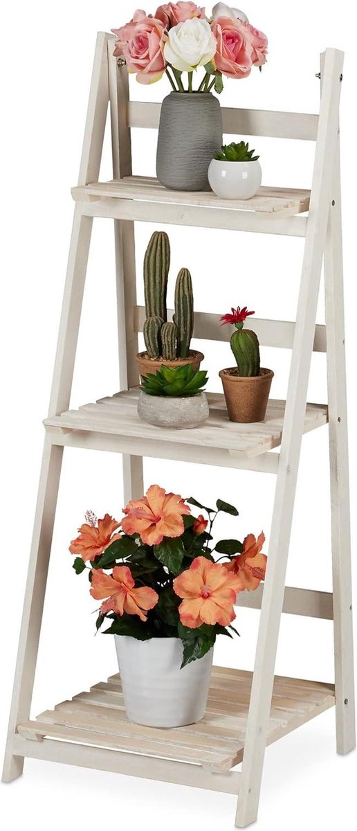 Plantenladder Klapbaar Shabby Chic HBD 108x41x40 cm 3 Etages Relaxdays plantenrek binnen & balkon Plantenladder