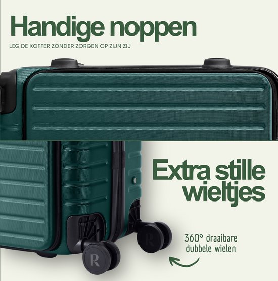 Donkergroene handbagage koffer met handige stoppers aan de zijkant en extra stille, 360° draaibare dubbele wieltjes.