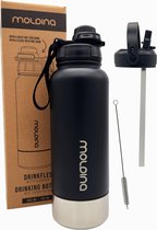 Bol.com MOLDINA Waterfles met Rietje - Drinkfles 1 Liter - Thermosbeker - Met Opslagbodem - RVS - Zwart - Vaatwasserbestendig - ... aanbieding