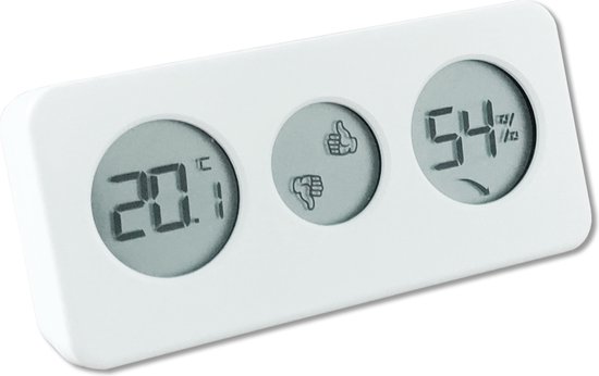 Witte Ecosavers hygro-thermo coach met drie ronde displays die temperatuur, een adviesicoon en luchtvochtigheid tonen.
