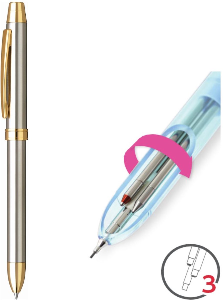 Penac ELE-SS - Goud & Zilver - Multifunctie balpen - Blauw en Rode inkt 0.7mm - Vulpotlood 0.5mm