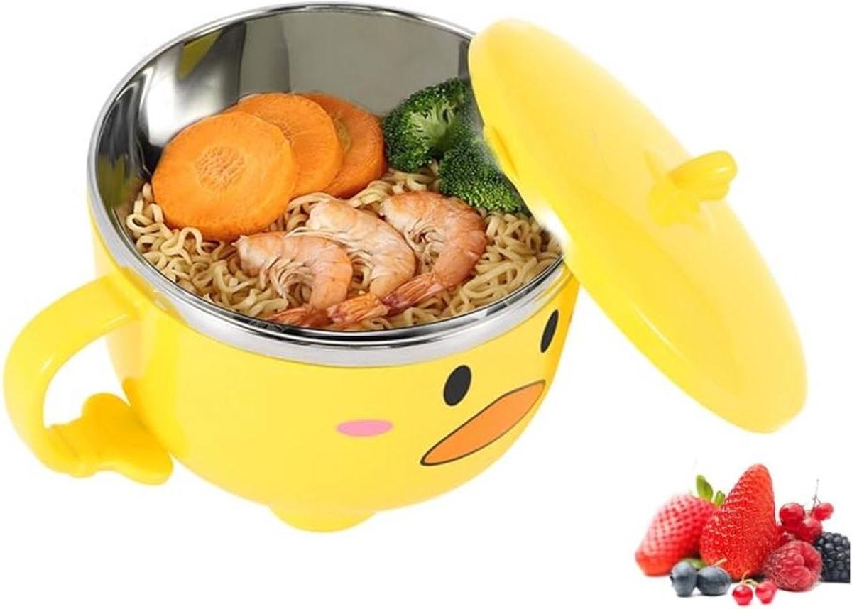 Ramen Bowl Noedelkom met Eend - Leuke RVS Keuken Fruit Instant Rijstsoep Servies - Deksel Dubbellaags