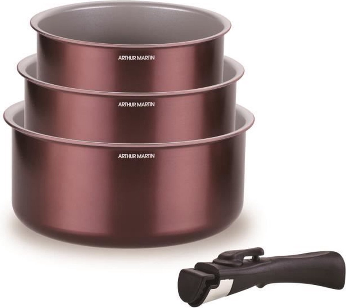 Set van 3 steelpannen - ARTHUR MARTIN - AM1088 - Alle warmtebronnen inclusief inductie - 16/18/20 cm + 1 afneembare hand