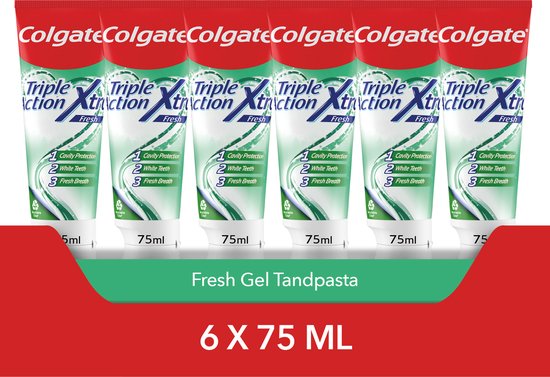 Zes Colgate Triple Action Xtra Fresh tandpastabuisjes van 75ml elk.