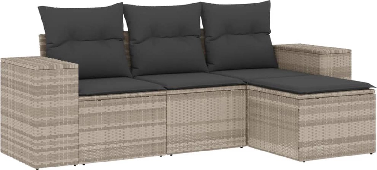 vidaXL 4-delige - Loungeset - met - kussens - poly - rattan - lichtgrijs