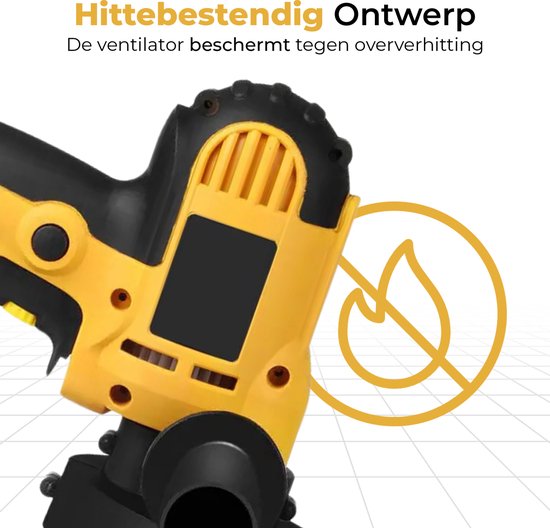 Gele en zwarte polijstmachine met een markering voor hittebestendig ontwerp en ventilator ter bescherming tegen oververhitting.