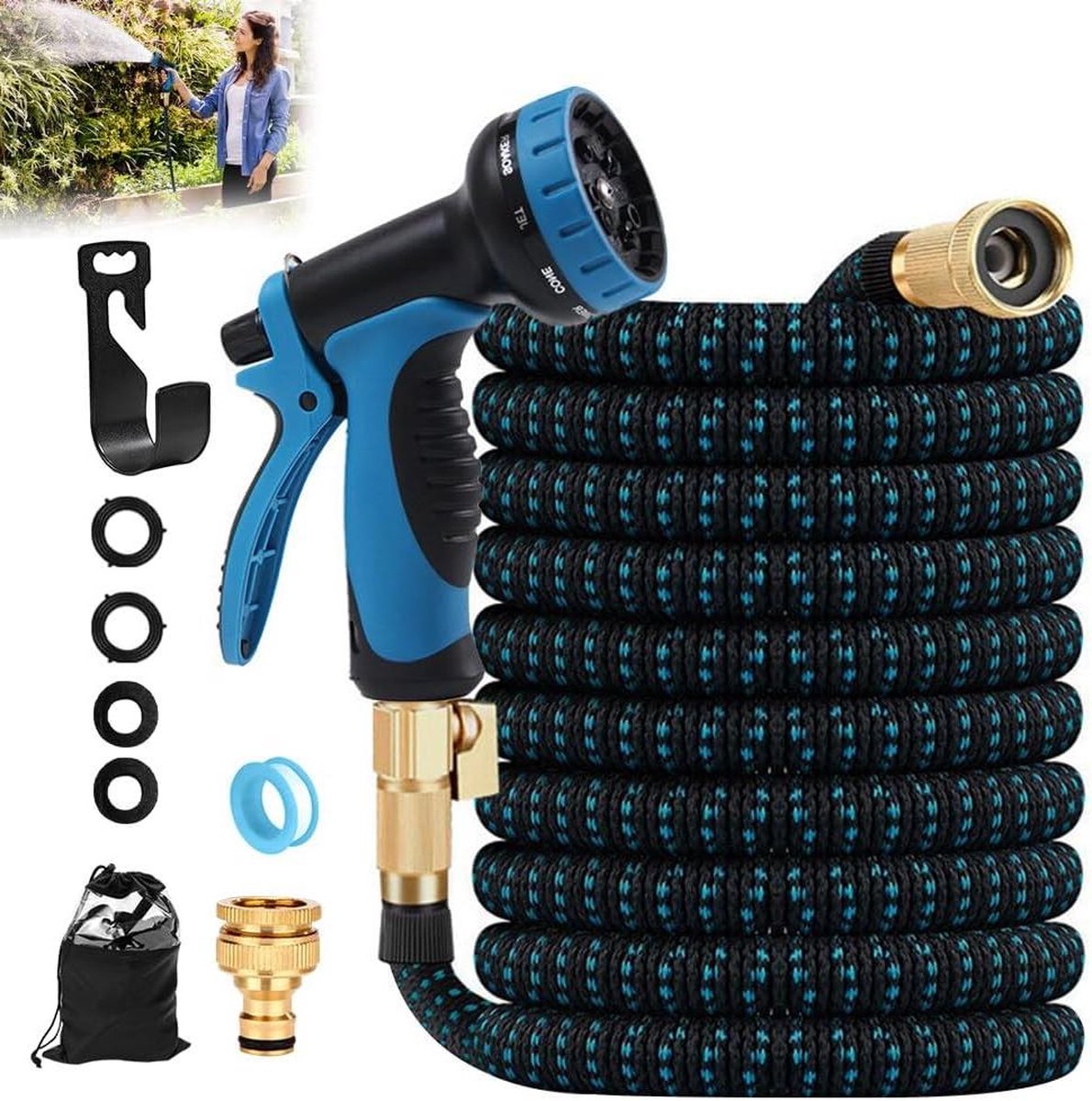 225m Flexibele Tuinslang 10 Functies Blauw Met 3-Voudige Latexkern