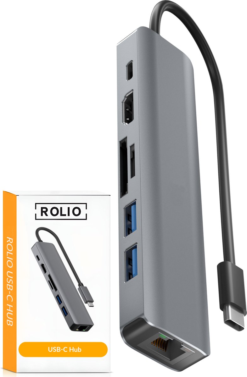Rolio USB C Hub - 1x HDMI 4K@60hz - 1x Ethernet 1Gbps - 1x USB-C - 2x USB-A - 2x Kaartlezer - USB Splitter - Geschikt voor Macbook Pro / Air / Windows / Universeel