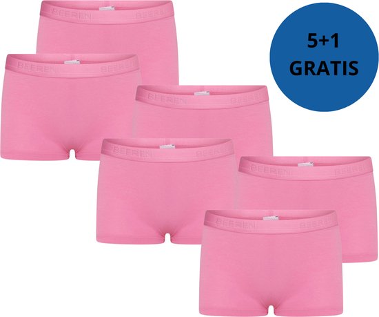 Zes roze meisjesboxershorts van katoen met merknaam BEEREN op de tailleband. 5+1 GRATIS.