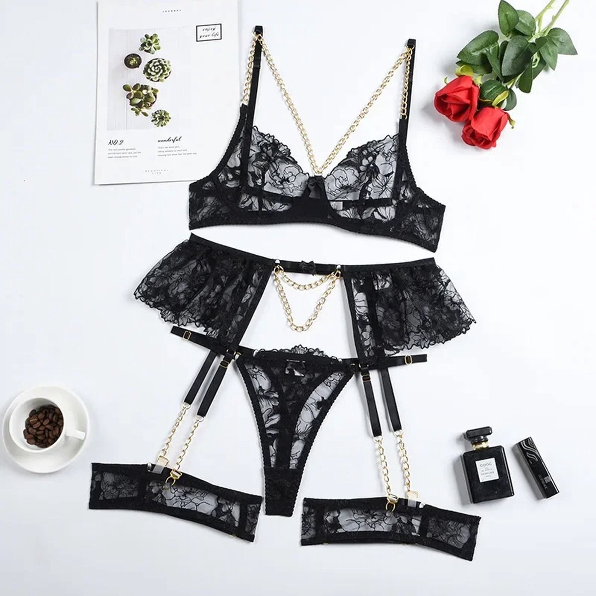 Sexy Dames Ondergoed Set Maat S - Driehoekige Suspender, Kant en Mesh Lingerie voor Vrouwen | Verleidelijke Bodysuit Lingerie