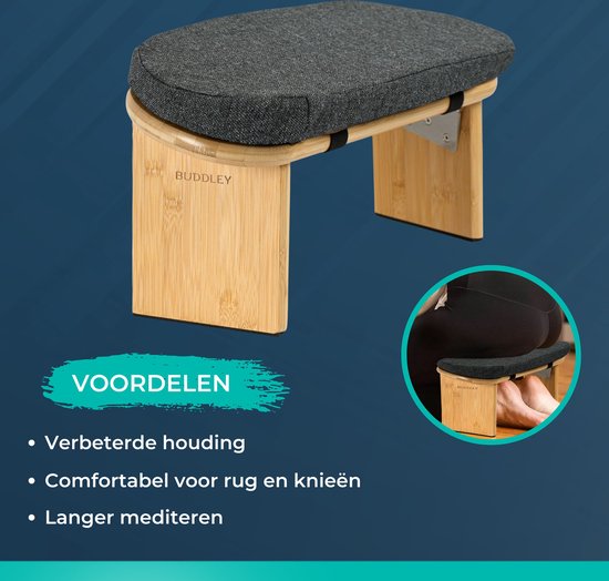 BUDDLEY Meditatiebankje Inklapbaar - 100% Duurzaam bamboe - Yoga krukje met Kussen - Meditatie Bankje - Meditatie - Meditatiekussen - Meditatiestoel Opvouwbaar - Yoga stoel - Meditatiebankjes - Kruk - Meditatiekruk - Ergonomisch - Zabuton - Kussen van BUDDLEY — afbeelding 2