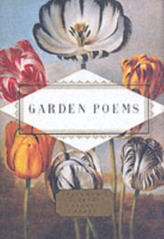 Boek 'Garden Poems' met illustraties van diverse tulpen in verschillende kleuren en patronen.