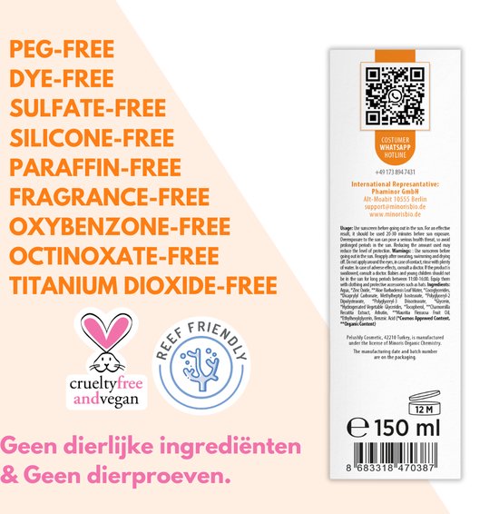 Minoris Anti-Spot Zonnebrandlotion SPF 50+ | Biologisch, Natuurlijk, Minerale Inhoud | Breedspectrum Zonnebescherming voor Gevoelige Huid | Hypoallergeen, Vegan, Rifvriendelijk, Waterbestendig, Dermatologisch Getest, Primer Geschikt - 150 ml
