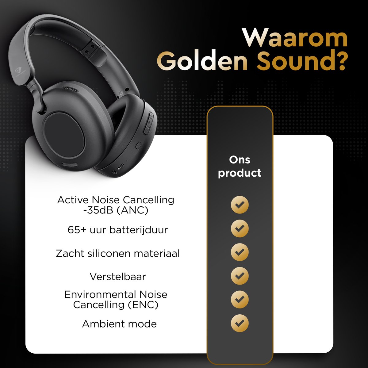 Afbeelding 3 van Golden Sound Tune - Draadloze Koptelefoon - Active Noise Cancelling tot 35 dB - Over ear hoofdtelefoon - Bluetooth - 65 uur batterijduur - Geschikt voor elke smartphone & laptop - Koptelefoons