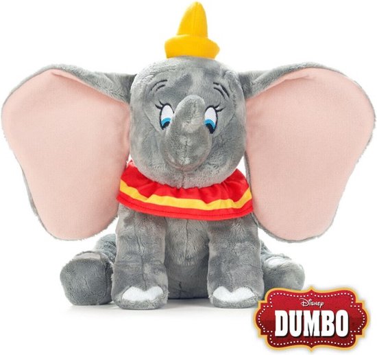 Zittende grijze Dumbo knuffel met roze oren, gele hoed en rode/gele kraag. Disney Dumbo logo.