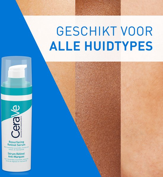 CeraVe Resurfacing Retinol Serum pompflacon op een achtergrond van diverse huidtinten. Geschikt voor alle huidtypes.