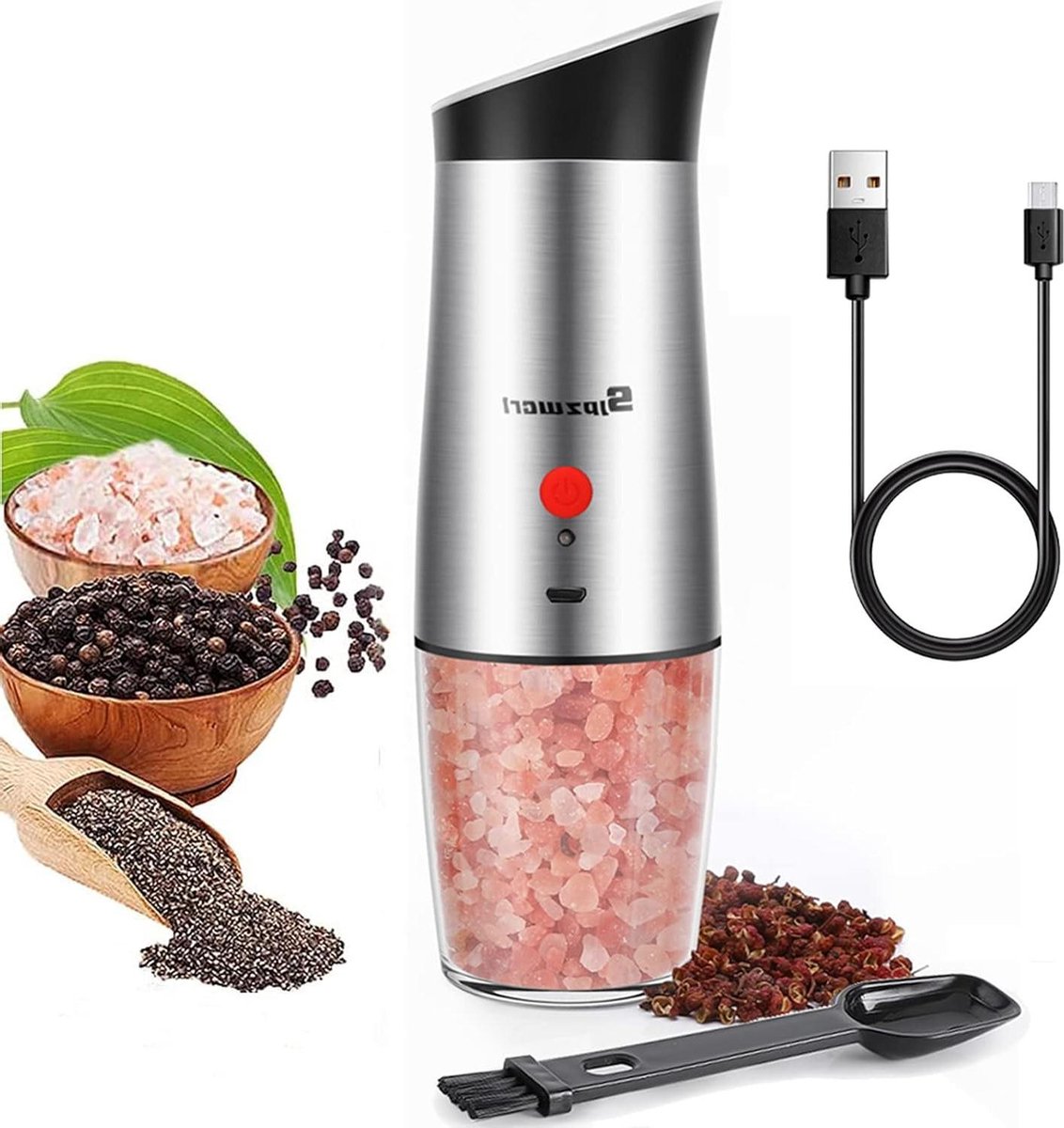 Automatische Zwaartekrachtsensor Elektrische Zoutmolen USB Oplaadbaar Instelbare Grofheid Éénhandige Bediening Elektrische Pepermolen Wit Licht Thanksgiving Kerstcadeaus Zilver