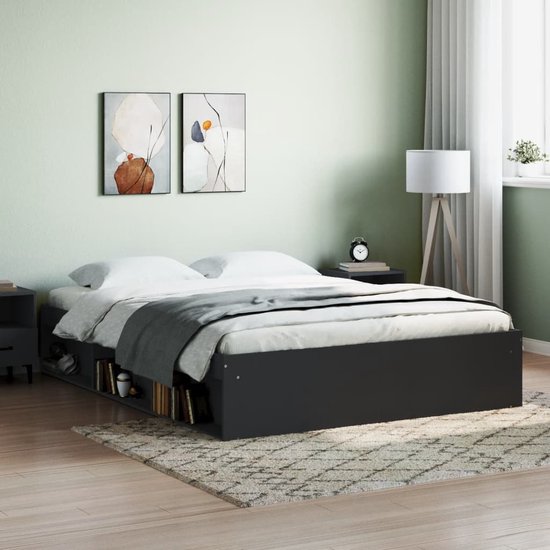 Cadre de lit noir The Living Store 140x200 cm - Cadre de lit moderne - Lit double - Lit Zwart - Lit en bois - Lit avec Compartiments de rangement