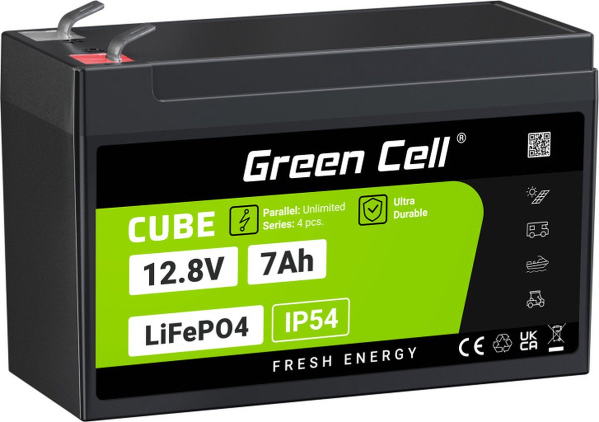 Green Cell CUBE 12.8V 7Ah LiFePO4 155x70x100mm IP54 accu voor zonnepanelen en campers
