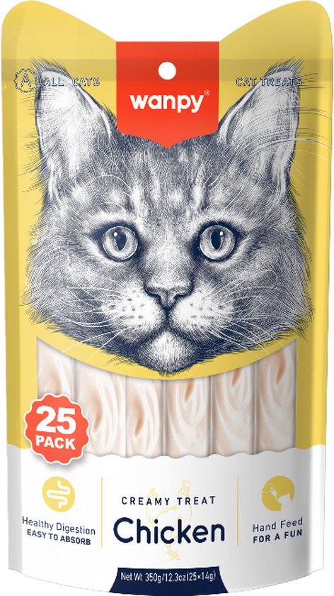 Wanpy Creamy kip kattensnack, 25 stuks verpakking met kattenkop afbeelding.