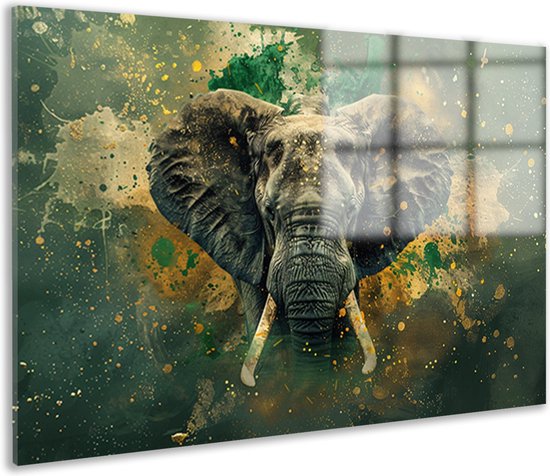 Olifant schilderij - Dier glas schilderij - Glasschilderij Kleuren - Muurdecoratie kinderkamer - Schilderij acrylglas - Wanddecoratie slaapkamer acrylglas 90x60 cm