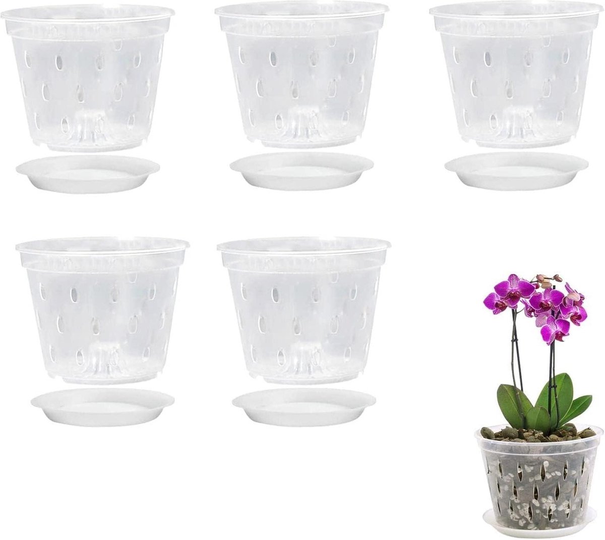 5-pack orchideeënpotten 7 inch doorzichtige plastic pot voor orchideeën inclusief schotels voor planten en verpotten
