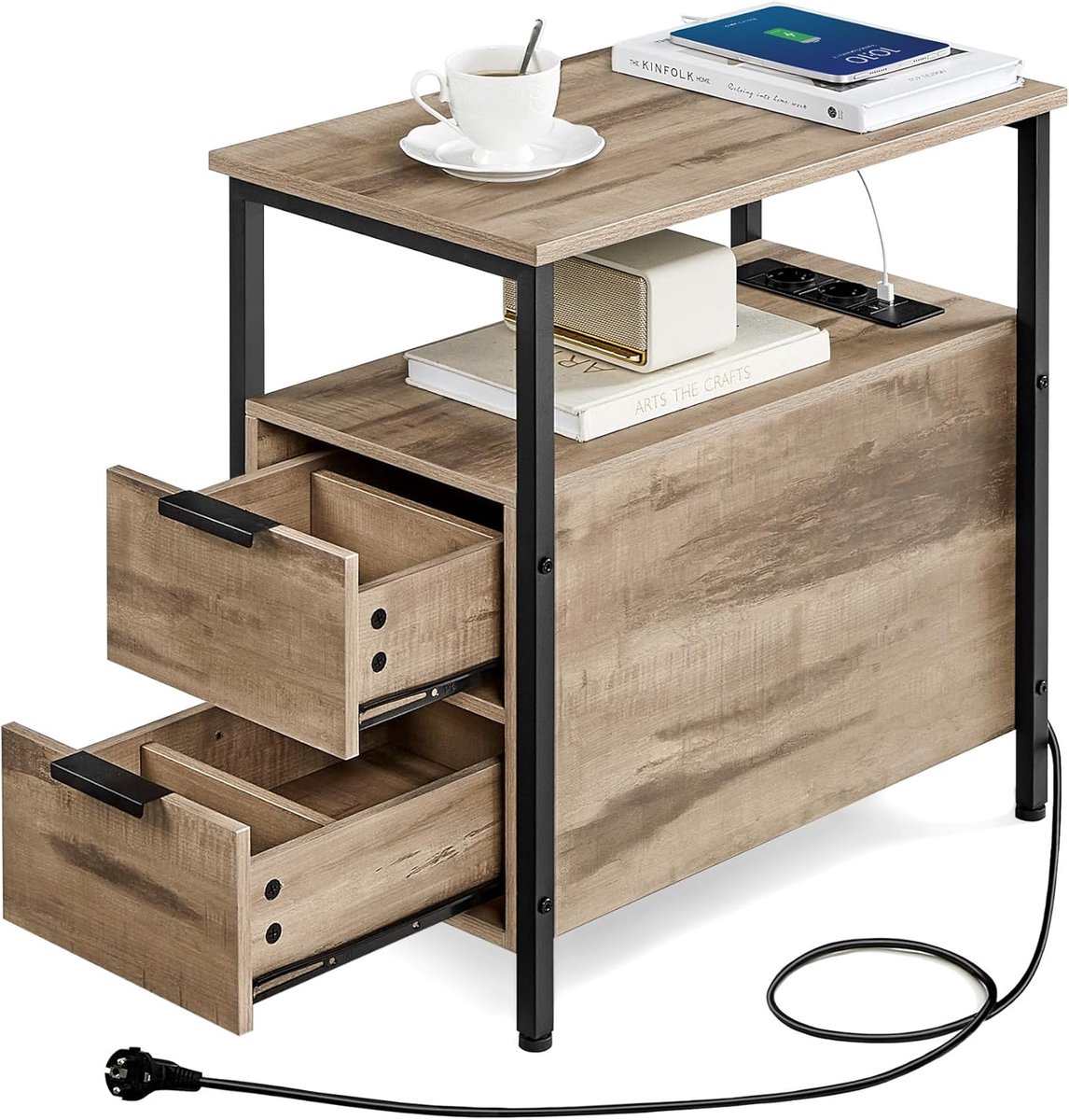 Furnstar Bijzettafel - nachtkastje met stekkerdoos - 2 laden - banktafel - nachtkastje voor woonkamer - slaapkamer - camelbruin-inktzwart
