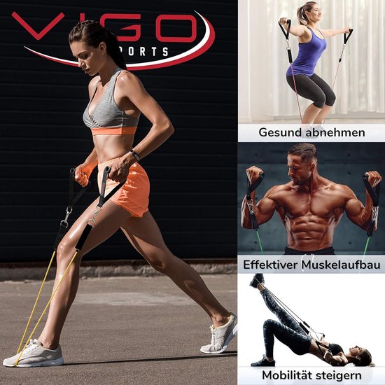 Vigo Sports Weerstandsbanden-expanderset inclusief videocursus en pdf- handleiding (mogelijk niet beschikbaar in het Nederlands), effectieve thuistraining met de fitnessbanden-weerstandsbandenset