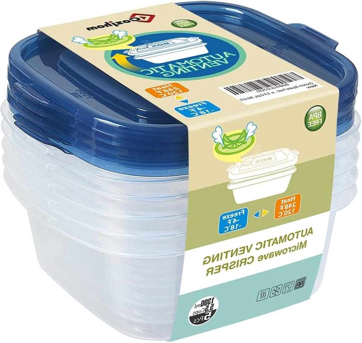 Opbergdoos met deksel voor koelkast - Kunststof opbergdoos met stoomontluchting - Magnetron en vaatwasmachinebestendig - 1300 ml - Set van 5 magnetron bakjes met deksel