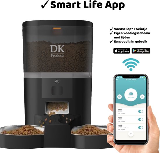 DKProducts.nl Automatische voerbak zwart - Nieuw Model - Duo Bowl - Voerautomaat Met App - Smartphoneo Besturing - Voerinhoud 6 Liter - Voor Katten- en Hondenvoer - Droogvoer - Voedingsschema - WiFi - Automatische voerbak kat