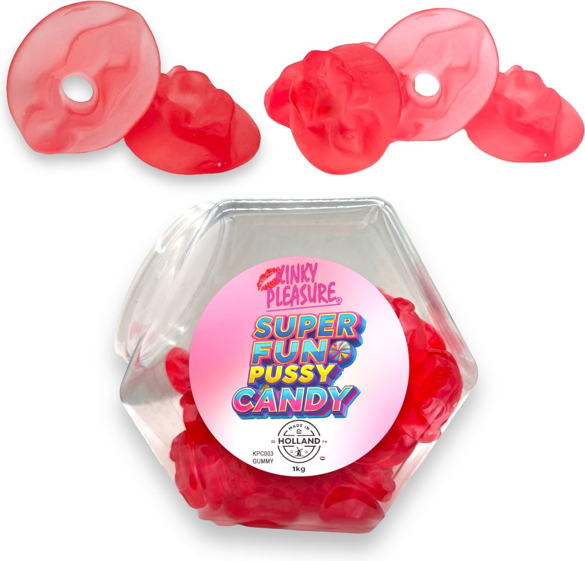 Pussy Gummy Snoepjes 1kg in Plastic Snoeppot - Zachte Gom met Fruitsmaken