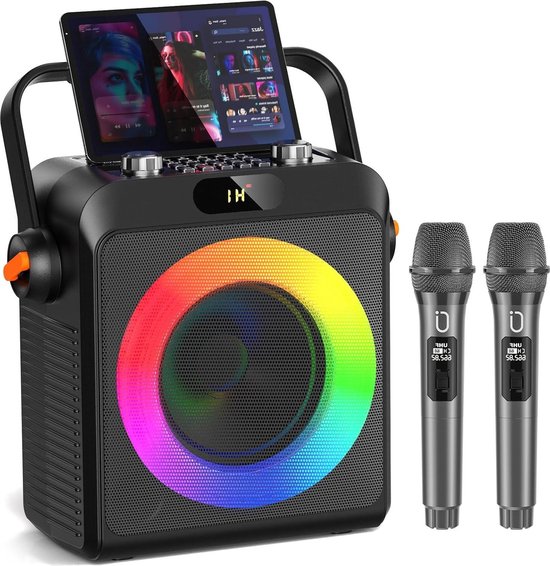 Foto: Karaoke set 2 microfoons karaoke luidspreker bluetooth microfoon dj lichten volwassenen kinderen professionele draagbare karaoke feestjes thuis buitenshuis