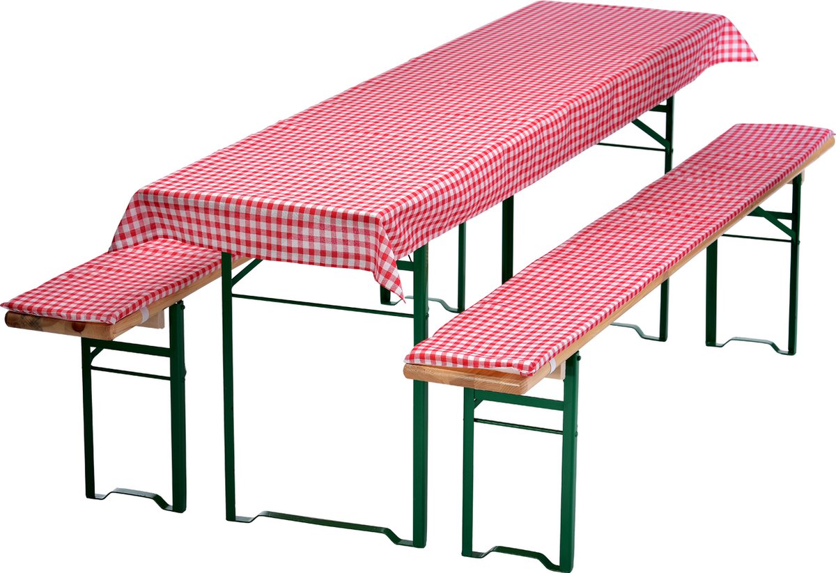 Bierbankkussens Set 240x90 cm Rood Geruit - 1x Tafellaken voor 220x70 cm tafels & 2x Gevoerde kussens voor 220x25 cm banken