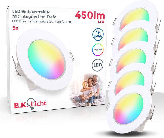 B.K.Licht - RGBW Badkamerverlichting Inbouwspots - Set van 5 - afstandsbediening - dimbaar - IP44 - 9.2 cm x 4.5 cm (DxH) - wit
