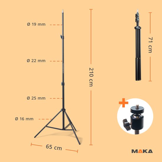 Zwart statief van 210 cm hoog, 65 cm breed, met verstelbare secties van 16 mm, 19 mm, 22 mm en 25 mm.
