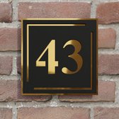Huisnummerbord voordeur - Vierkant kader - 15 cm - zwart/goud - blinde bevestiging