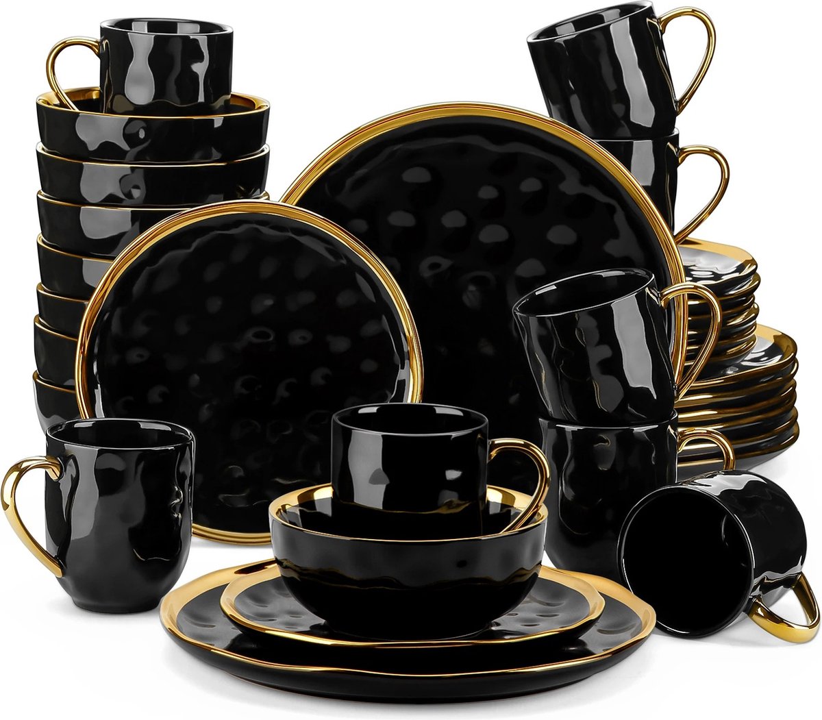 Serviesset - 8 Persoons Servies - Keramiek - Diner- en Dessertborden, Kommen en Kopjes - 32-delige Set - Zwart - Goud