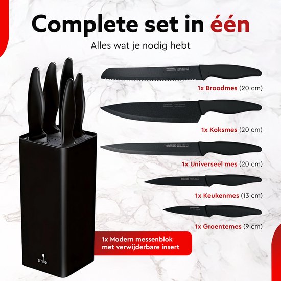 Bloc à couteaux noir avec cinq couteaux noirs, y compris couteau à pain, couteau de chef et couteau à légumes.