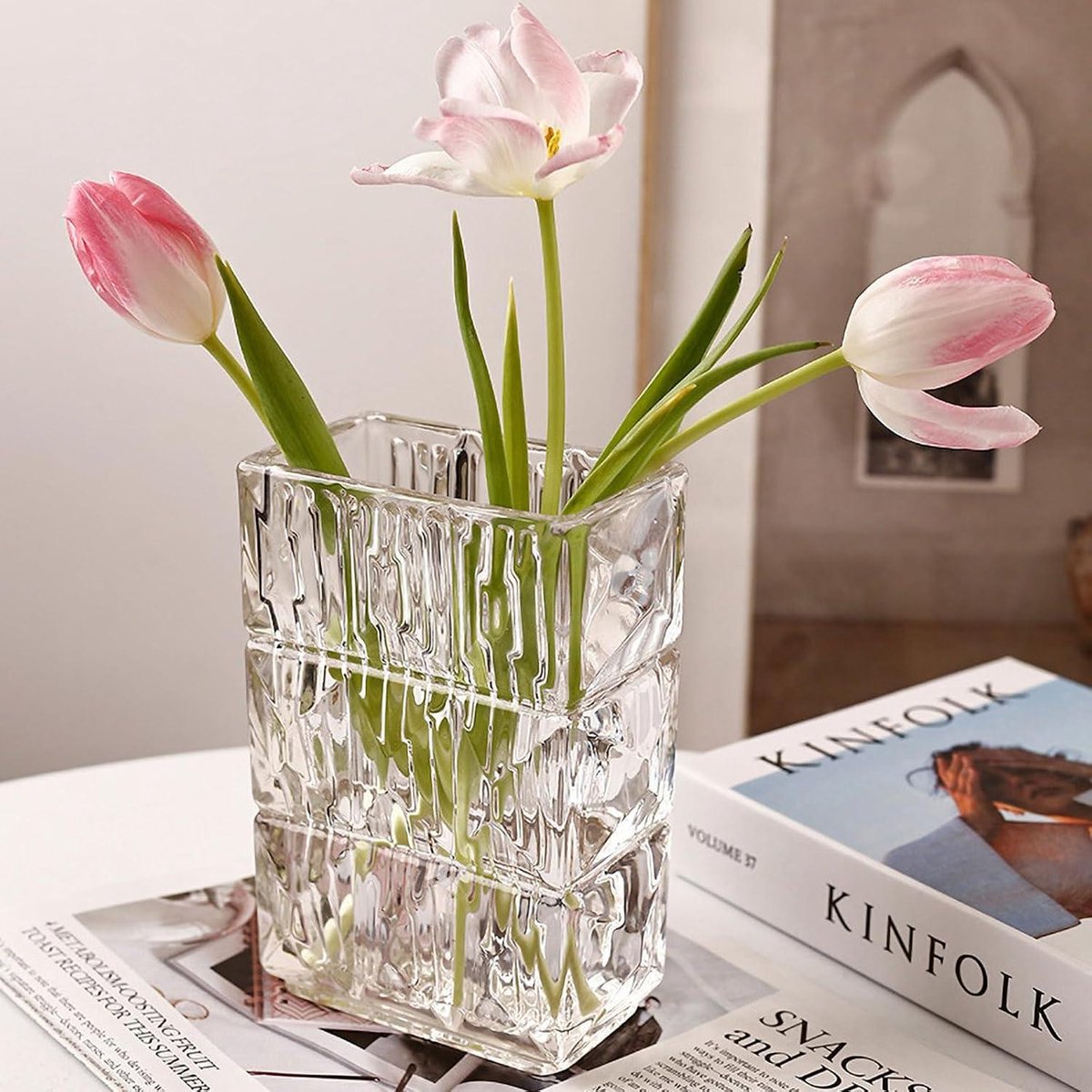Vase En Cristal 20x14.5x9.5cm - Design Carré Moderne - Verre Épais Transparent - Pour Fleurs Fraîches Ou Séchées