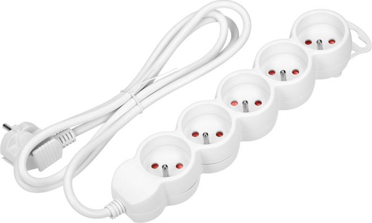 Stekkerblok 5m kabel Wit 5x stopcontact ,H05VV-F 1x1.5mm2, Imax=16A - VOOR BELGIE