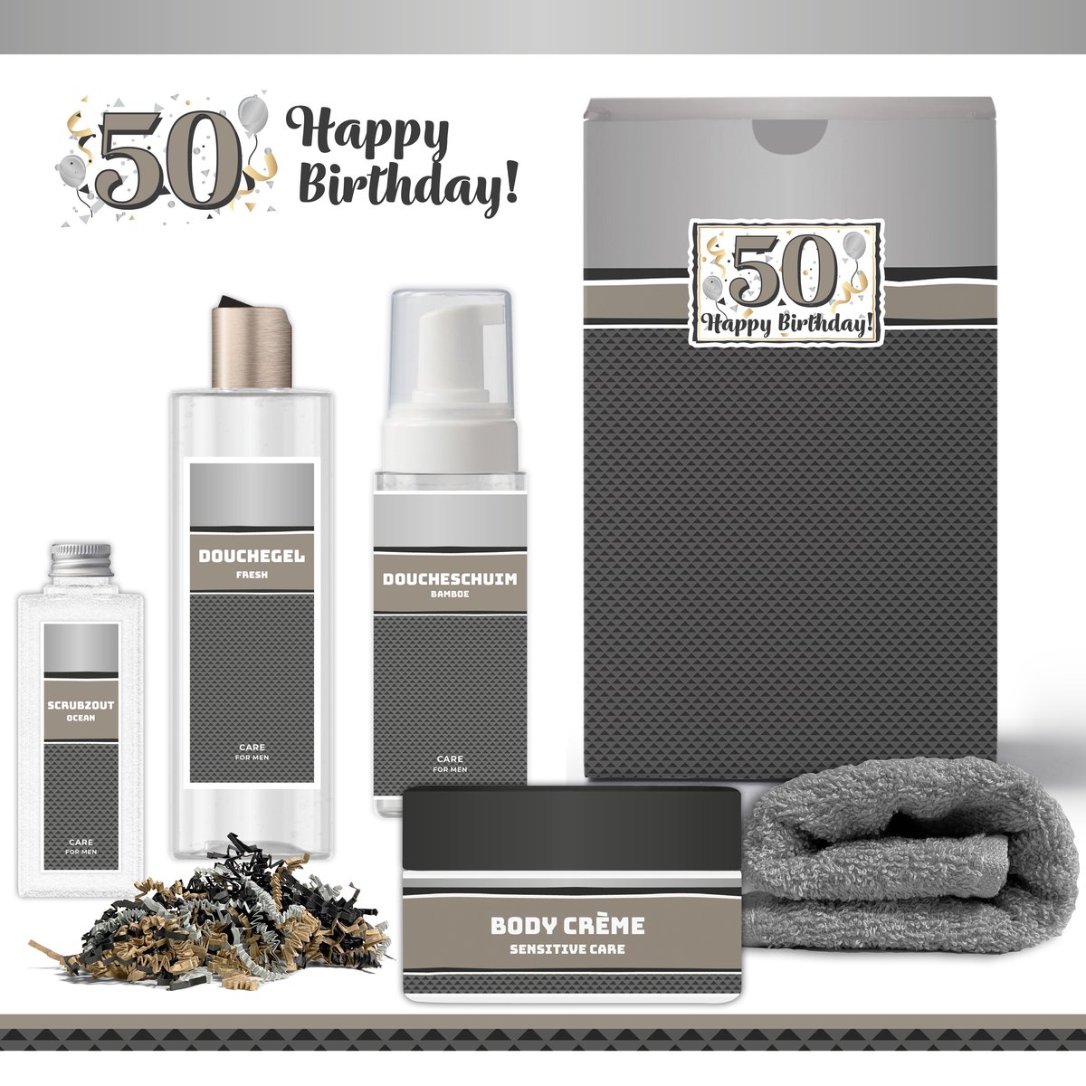 Goedkoopste Geschenkset “50 Jaar Happy Birthday!” - 5 producten - 920 gram | Giftset voor hem - Luxe wellness cadeaubox - Cadeau man - Gefeliciteerd - Set Verjaardag - Geschenk jarige - Cadeaupakket vader - Vriend - Broer - Verjaardagscadeau - Zilver